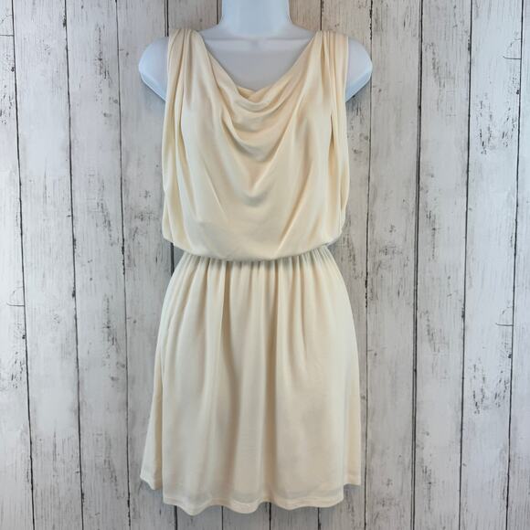 Halston Heritage Cream Knit Cowl Neck Sleeveless Blouson Mini Dress Size Small - Picture 1 of 13